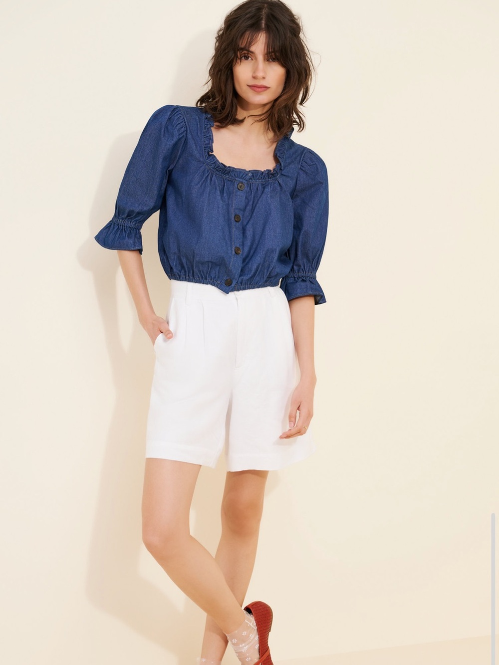 Women's Ruffled Denim Button-Front Top - Blue